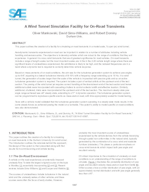 A Wind Tunnel Simulation Facility for On-Road Transients Thumbnail