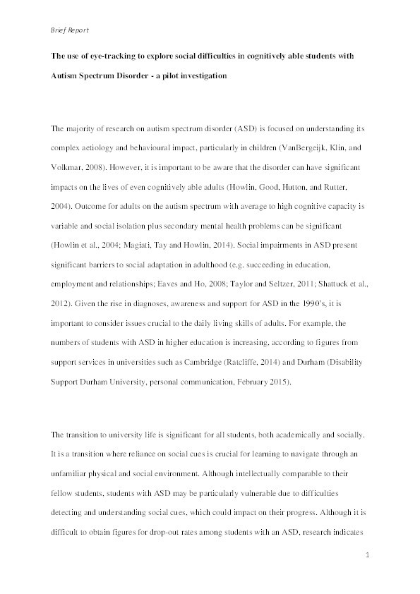 The use of eye-tracking to explore social difficulties in cognitively able students with autism spectrum disorder: A pilot investigation Thumbnail