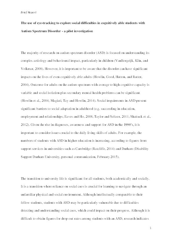 The use of eye-tracking to explore social difficulties in cognitively able students with autism spectrum disorder: A pilot investigation Thumbnail