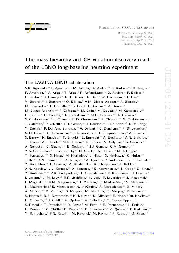 The mass-hierarchy and CP-violation discovery reach of the LBNO long-baseline neutrino experiment Thumbnail