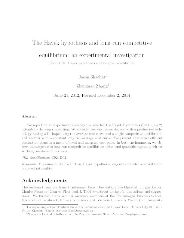The Hayek hypothesis and long run competitive equilibrium: an experimental investigation Thumbnail
