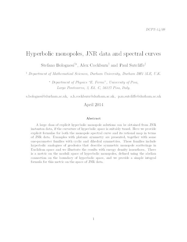 Hyperbolic monopoles, JNR data and spectral curves Thumbnail