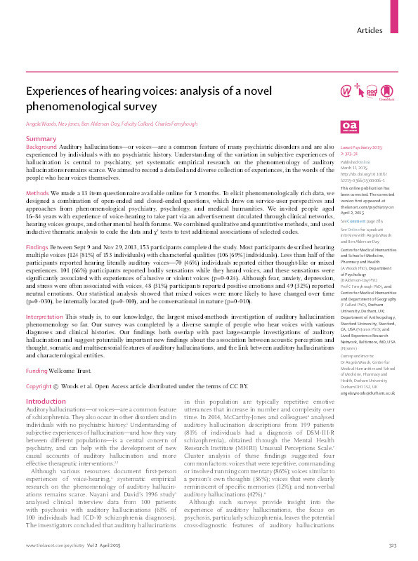 Experiences of hearing voices: analysis of a novel phenomenological survey Thumbnail