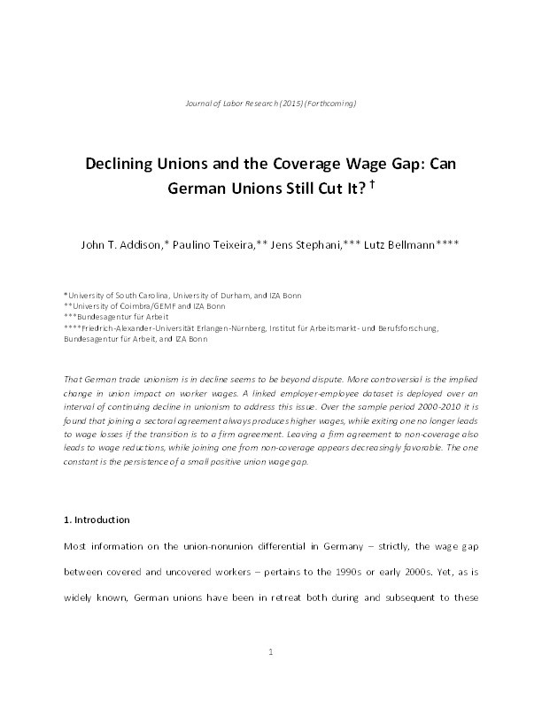 Declining Unions and the Coverage Wage Gap: Can German Unions Still Cut It? Thumbnail
