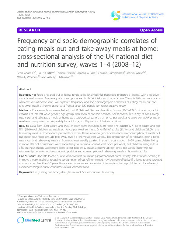 Frequency and socio-demographic correlates of eating meals out and take-away meals at home: cross-sectional analysis of the UK national diet and nutrition survey, waves 1-4 (2008-12) Thumbnail