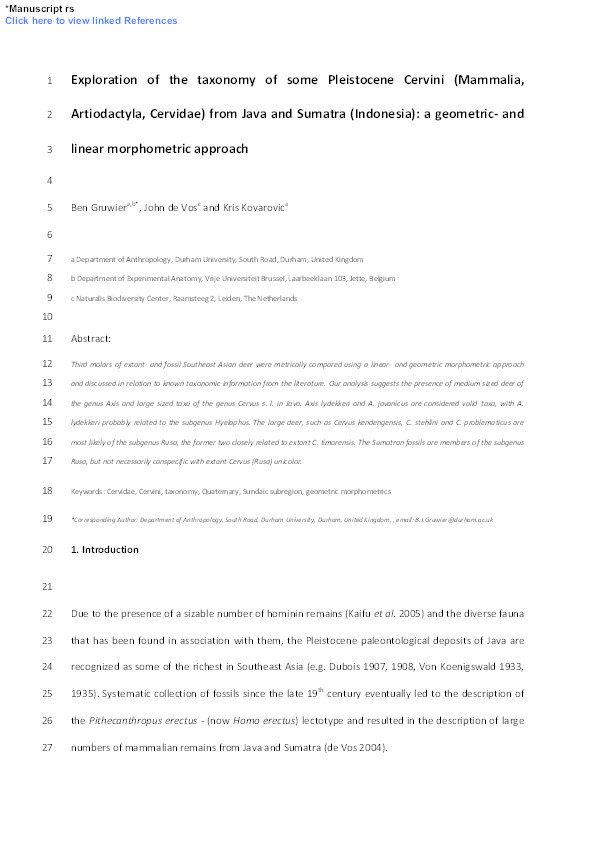 Exploration of the taxonomy of some Pleistocene Cervini (Mammalia, Artiodactyla, Cervidae) from Java and Sumatra (Indonesia): a geometric- and linear morphometric approach Thumbnail