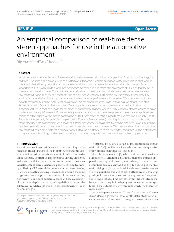 An Empirical Comparison of Real-time Dense Stereo Approaches for use in the Automotive Environment Thumbnail