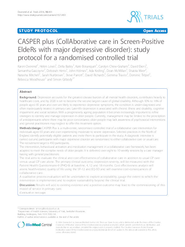 CASPER plus (CollAborative care in Screen-Positive EldeRs with major depressive disorder): study protocol for a randomised controlled trial Thumbnail