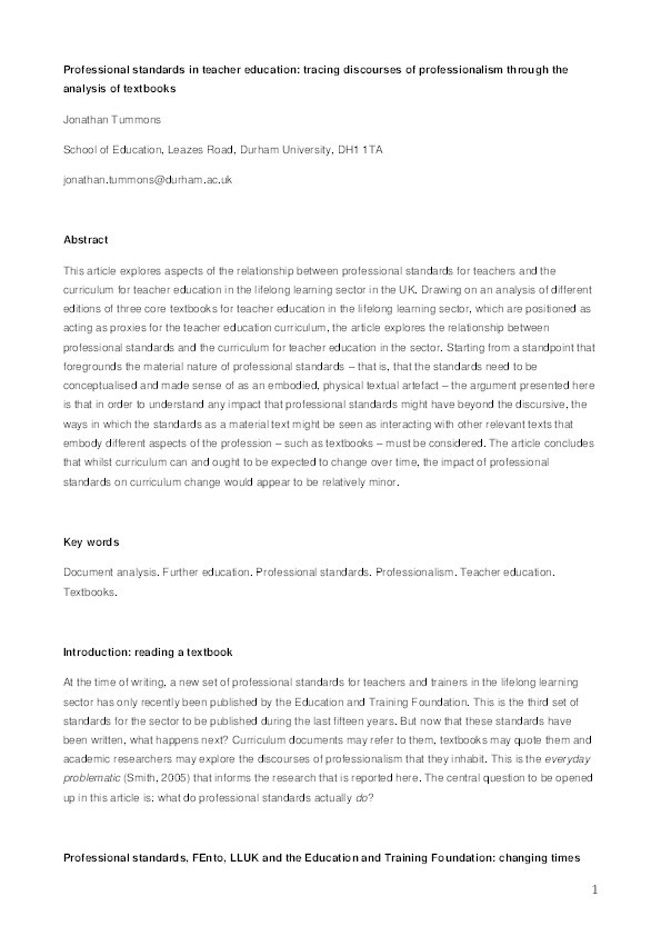 Professional standards in teacher education: tracing discourses of professionalism through the analysis of textbooks Thumbnail