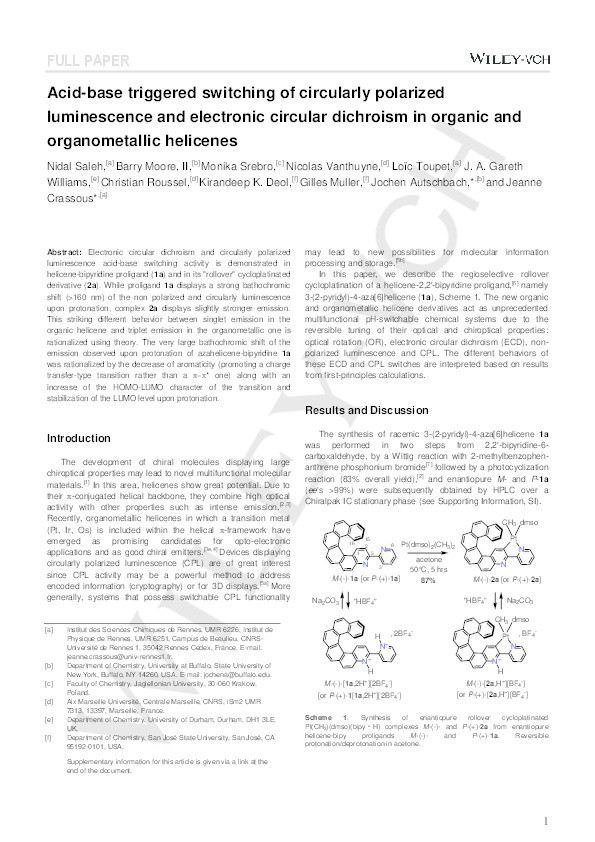 Acid/base-triggered switching of circularly polarized luminescence and electronic circular dichroism in organic and organometallic helicenes Thumbnail