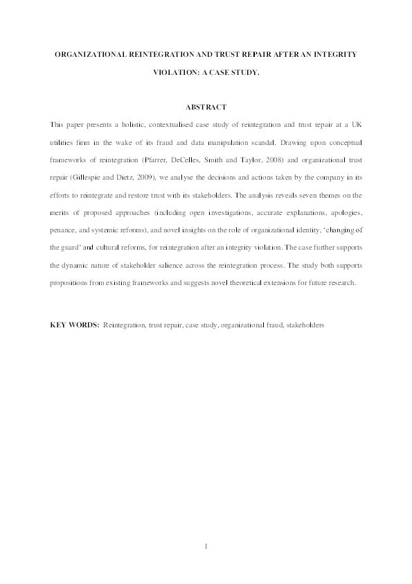Organizational reintegration and trust repair after an integrity violation: A case study Thumbnail