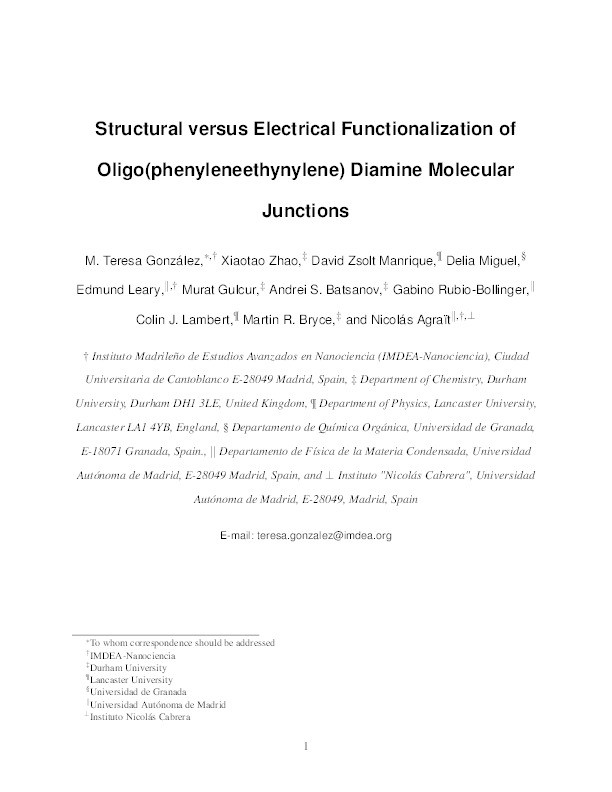 Structural versus Electrical Functionalization of Oligo(phenyleneethynylene) Diamine Molecular Junctions Thumbnail