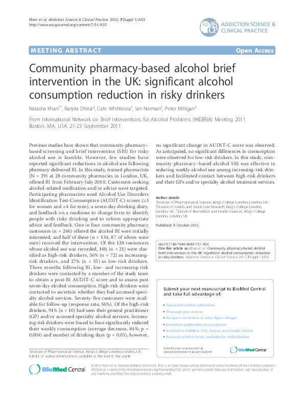 Community pharmacy-based alcohol brief intervention in the UK: significant alcohol consumption reduction in risky drinkers Thumbnail