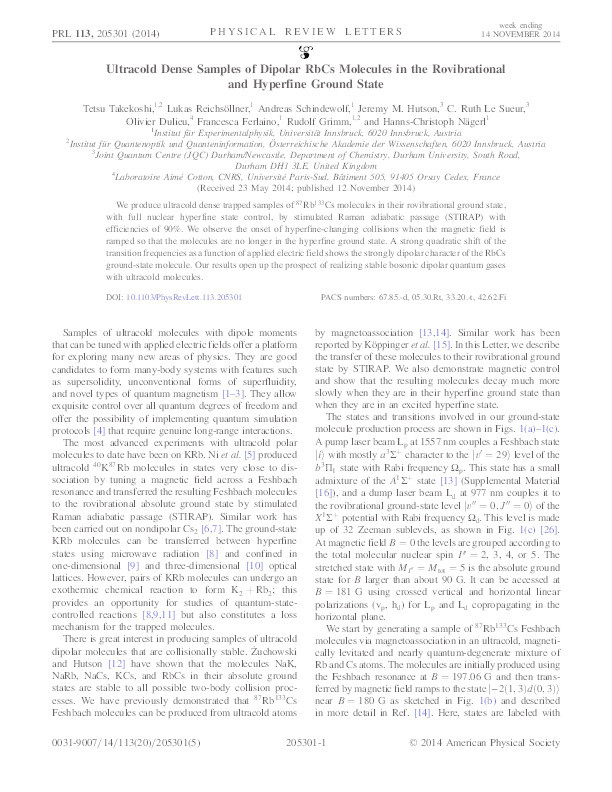 Ultracold Dense Samples of Dipolar RbCs Molecules in the Rovibrational and Hyperfine Ground State Thumbnail