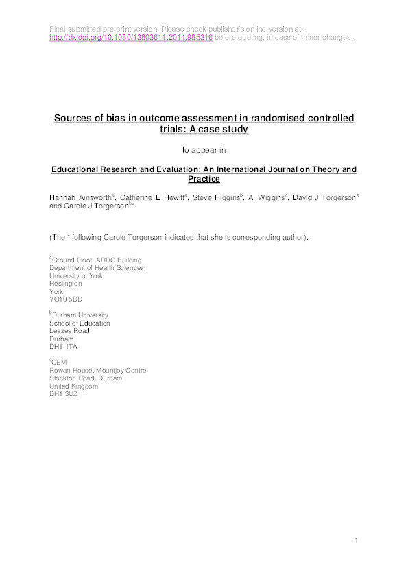 Sources of bias in outcome assessment in randomised controlled trials: a case study Thumbnail