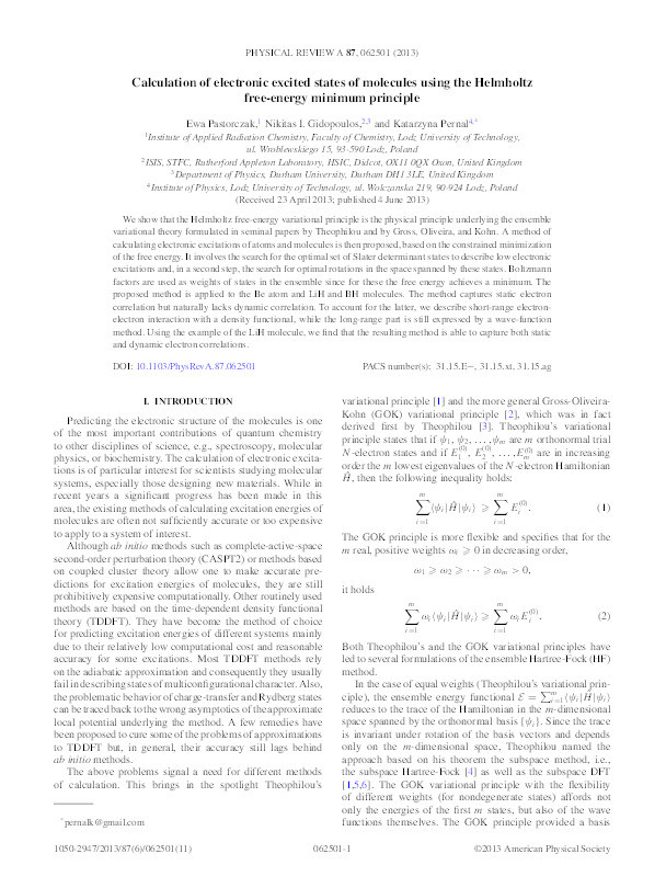Calculation of electronic excited states of molecules using the Helmholtz free-energy minimum principle Thumbnail