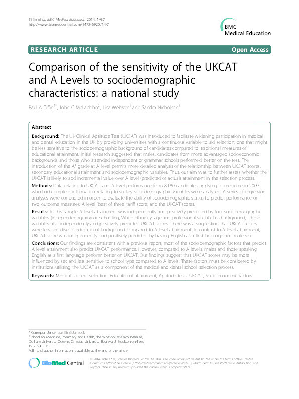 Comparison of the sensitivity of the UKCAT and A levels to sociodemographic characteristics: a national study Thumbnail