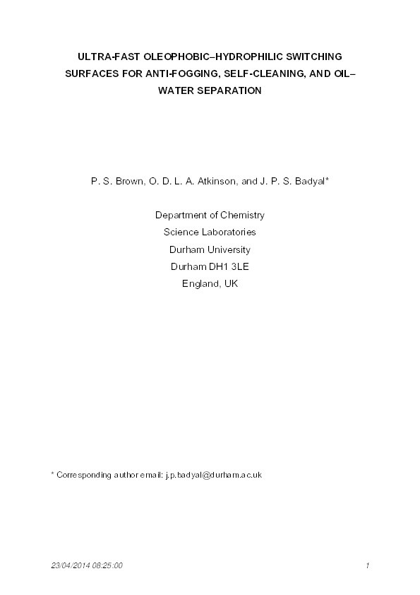 Ultra-Fast Oleophobic-Hydrophilic Switching Surfaces for Anti-Fogging, Self-Cleaning, and Oil-Water Separation Thumbnail