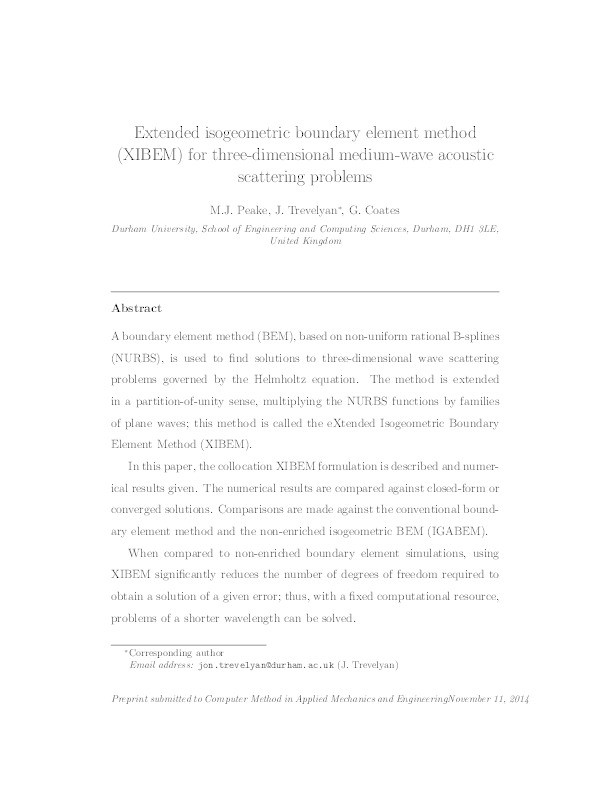 Extended isogeometric boundary element method (XIBEM) for three-dimensional medium-wave acoustic scattering problems Thumbnail