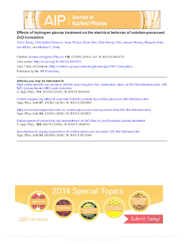 Effects of hydrogen plasma treatment on the electrical behavior of solution-processed ZnO transistors Thumbnail