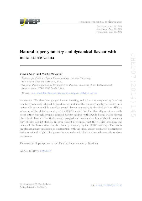 Natural supersymmetry and dynamical flavour with meta-stable vacua Thumbnail