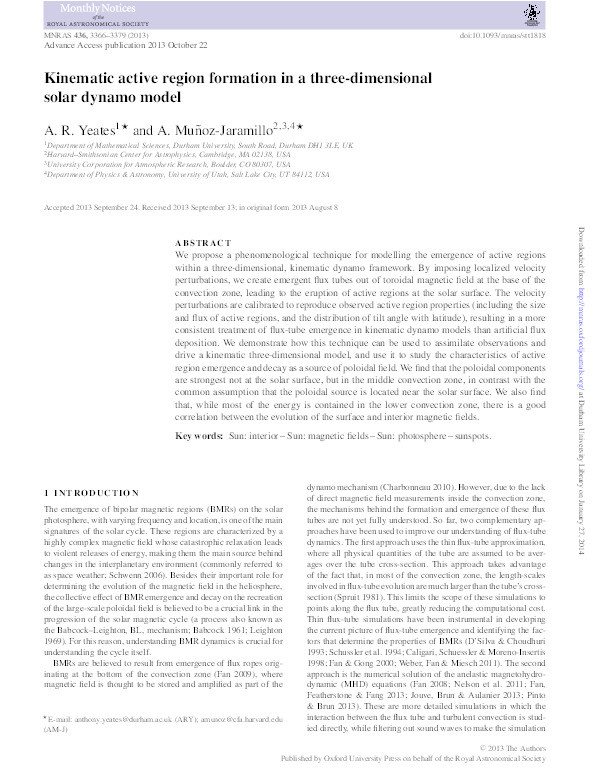 Kinematic active region formation in a three-dimensional solar dynamo model Thumbnail