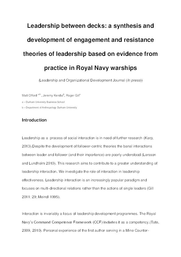 Leadership between decks: a synthesis and development of engagement and resistance theories of leadership based on evidence from practice in Royal Navy warships Thumbnail