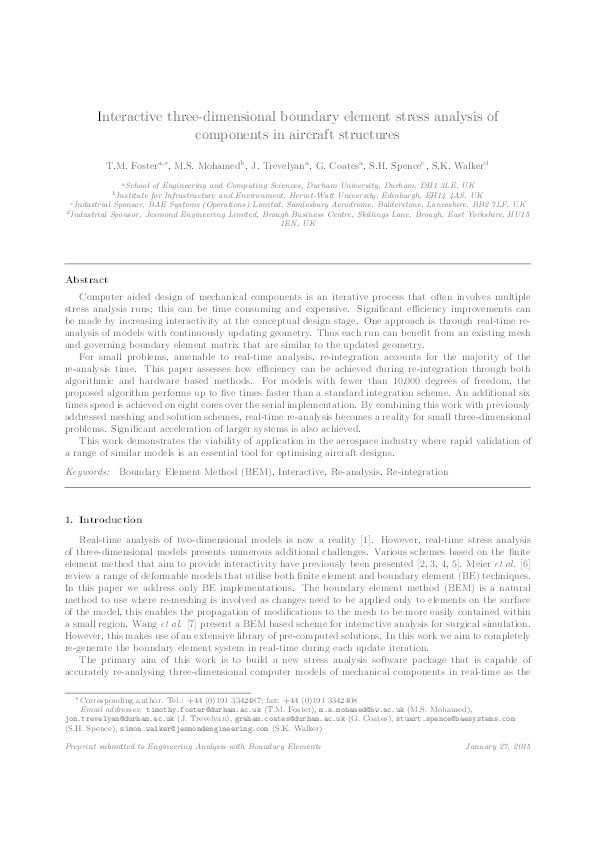 Interactive three-dimensional boundary element stress analysis of components in aircraft structures Thumbnail