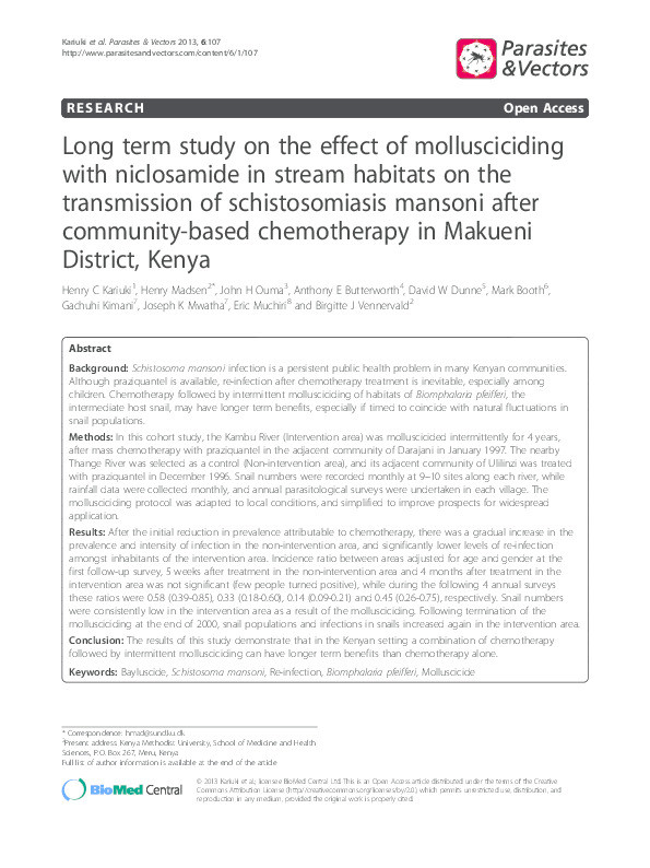 Long term study on the effect of mollusciciding with niclosamide in streamhabitats on the transmission of schistosomiasis mansoni after community-basedchemotherapy in Makueni District, Kenya Thumbnail
