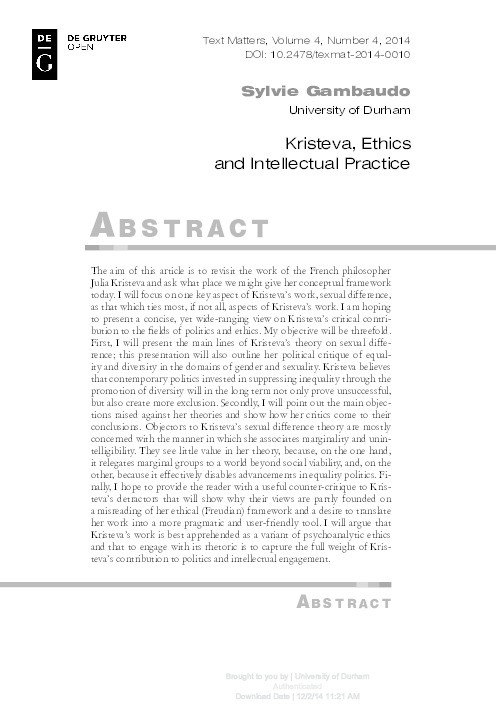 Kristeva, Ethics and Intellectual Practice Thumbnail