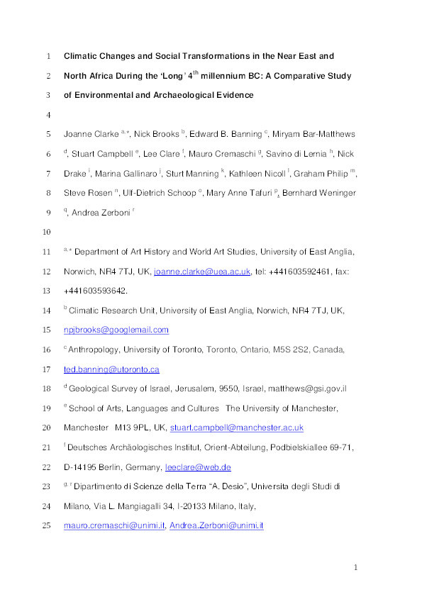 Climatic changes and social transformations in the Near East and North Africa during the ‘long’ 4th millennium BC: A comparative study of environmental and archaeological evidence Thumbnail