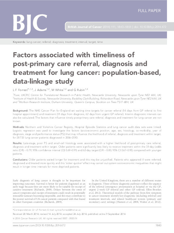 Factors associated with timeliness of post-primary care referral, diagnosis and treatment for lung cancer: population-based, data-linkage study Thumbnail