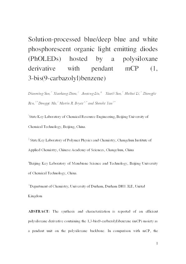 Solution-processed blue/deep blue and white phosphorescent organic light emitting diodes (PhOLEDs) hosted by a polysiloxane derivative with pendant mCP (1, 3-bis(9-carbazolyl)benzene) Thumbnail