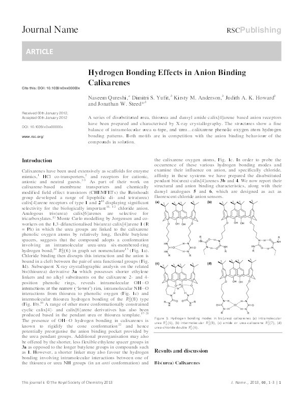 Hydrogen Bonding Effects in Anion Binding Calixarenes Thumbnail