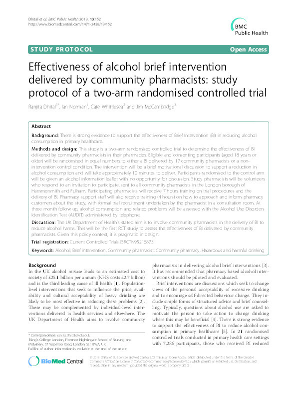 Effectiveness of alcohol brief intervention delivered by community pharmacists: study protocol of a two-arm randomised controlled trial Thumbnail