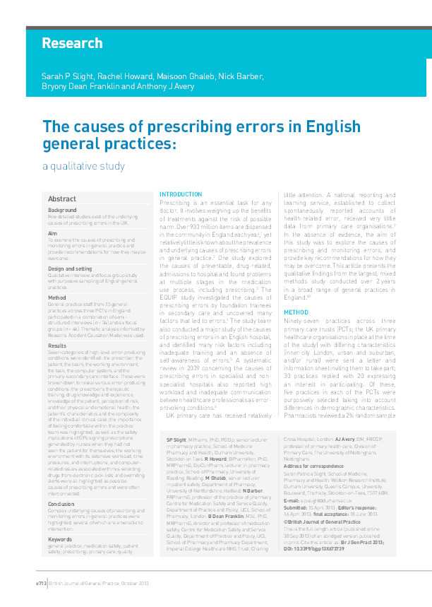 The causes of prescribing errors in English general practices: a qualitative study Thumbnail