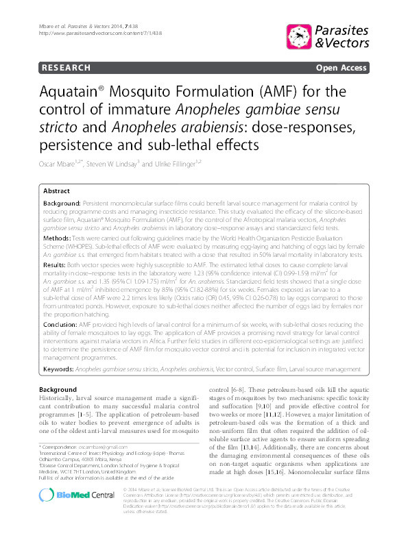 Aquatain® Mosquito Formulation (AMF) for the control of immature Anopheles Gambaie sensu stricto and Anopheles arabiensis : dose-responses, persistence and sub-lethal effect Thumbnail
