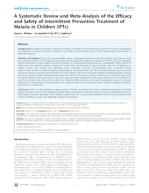A systematic review and meta-analysis of the efficacy and safety of intermittent preventive treatment of malaria in children (IPTc) Thumbnail