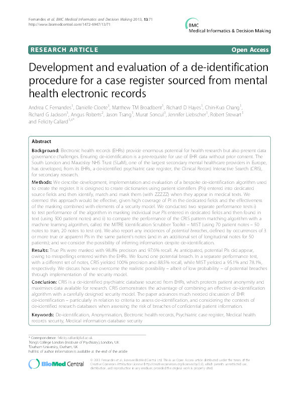 Development and evaluation of a de-identification procedure for a case register sourced from mental health electronic records Thumbnail