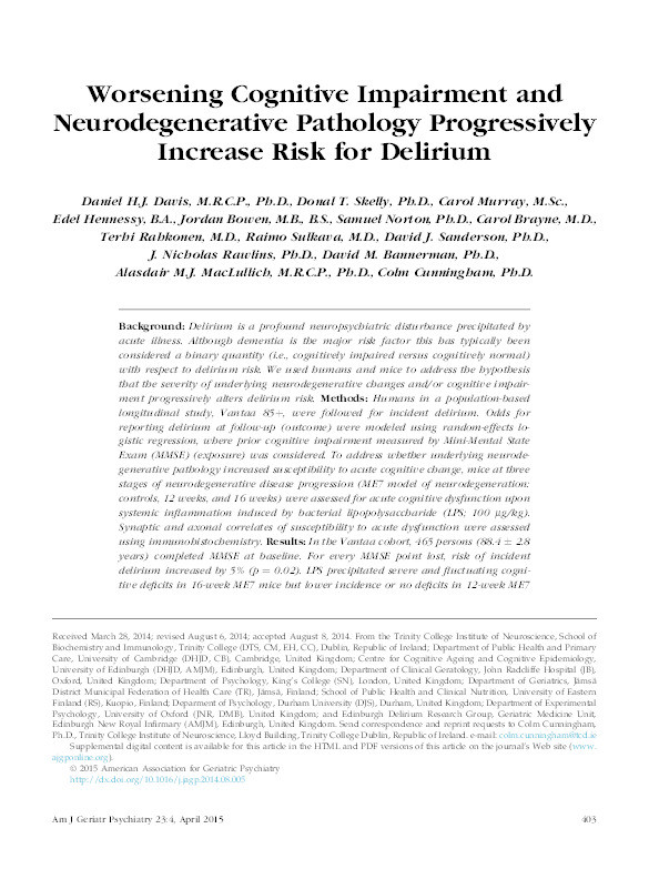 Worsening cognitive impairment and neurodegenerative pathology progressively increase risk for delirium Thumbnail