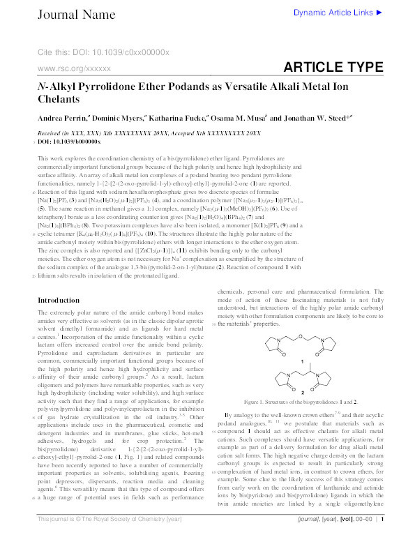 N-alkyl pyrrolidone ether podands as versatile alkali metal ion chelants Thumbnail