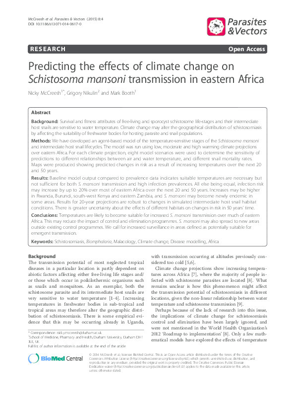 Predicting the effects of climate change on Schistosoma mansoni transmission in eastern Africa Thumbnail