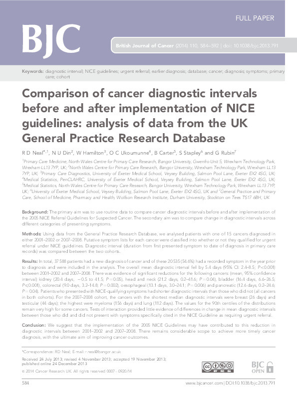 Comparison of cancer diagnostic intervals before and after implementation of NICE guidelines: analysis of data from the UK General Practice Research Database Thumbnail