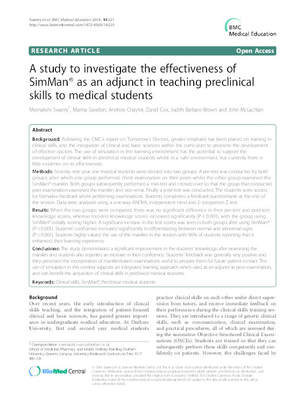 A study to investigate the effectiveness of SimMan® as an adjunct in teaching preclinical skills to medical students Thumbnail