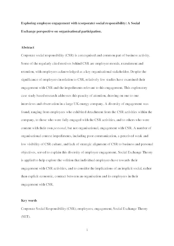 Exploring employee engagement with (corporate) social responsibility : a social exchange perspective on organisational participation Thumbnail