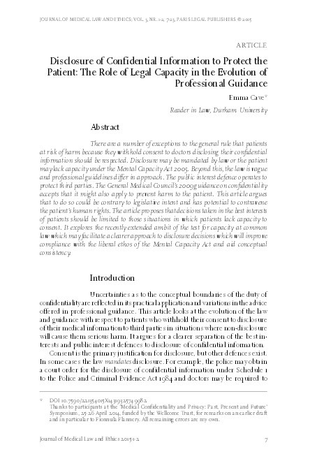 Disclosure of Confidential Information to Protect the Patient: The Role of Legal Capacity in the Evolution of Professional Guidance Thumbnail