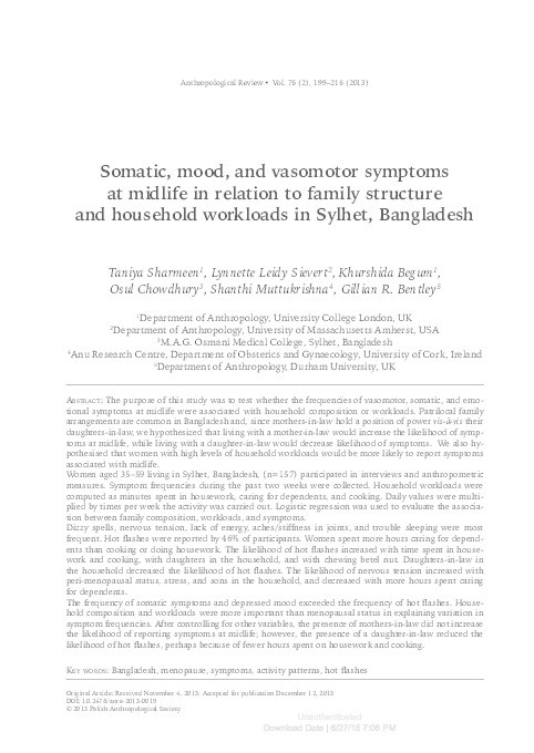 Somatic, mood, and vasomotor symptoms at midlife in relation to family structure and household workloads in Sylhet, Bangladesh Thumbnail