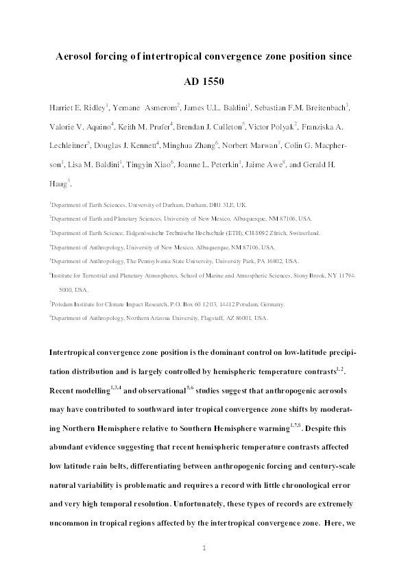 Aerosol forcing of the position of the intertropical convergence zone since AD1550 Thumbnail