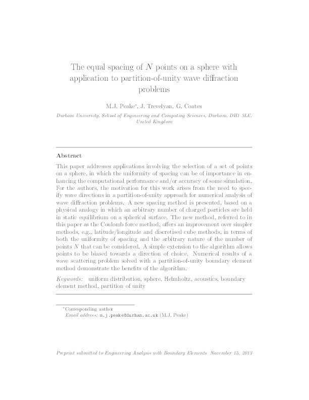 The equal spacing of N points on a sphere with application to partition-of-unity wave diffraction problems Thumbnail