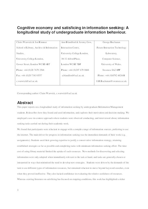 Cognitive economy and satisficing in information seeking: A longitudinal study of undergraduate information behavior Thumbnail